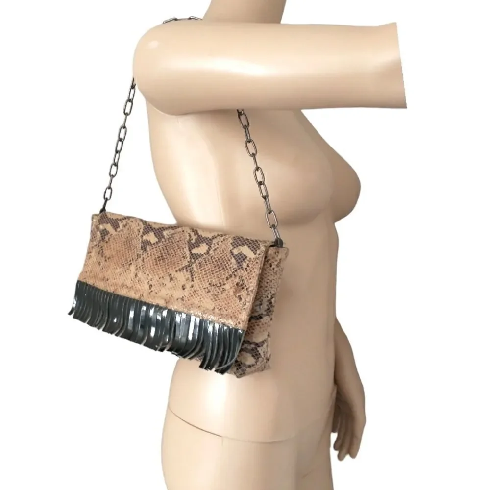 Y2K Animal Print Shoulder Bag Handbag Purse Italy Chain Fringe Leather Biker - Picture 5 of 16